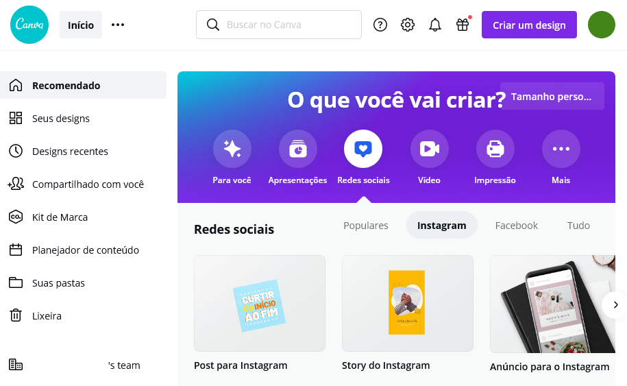 Menu do Canva